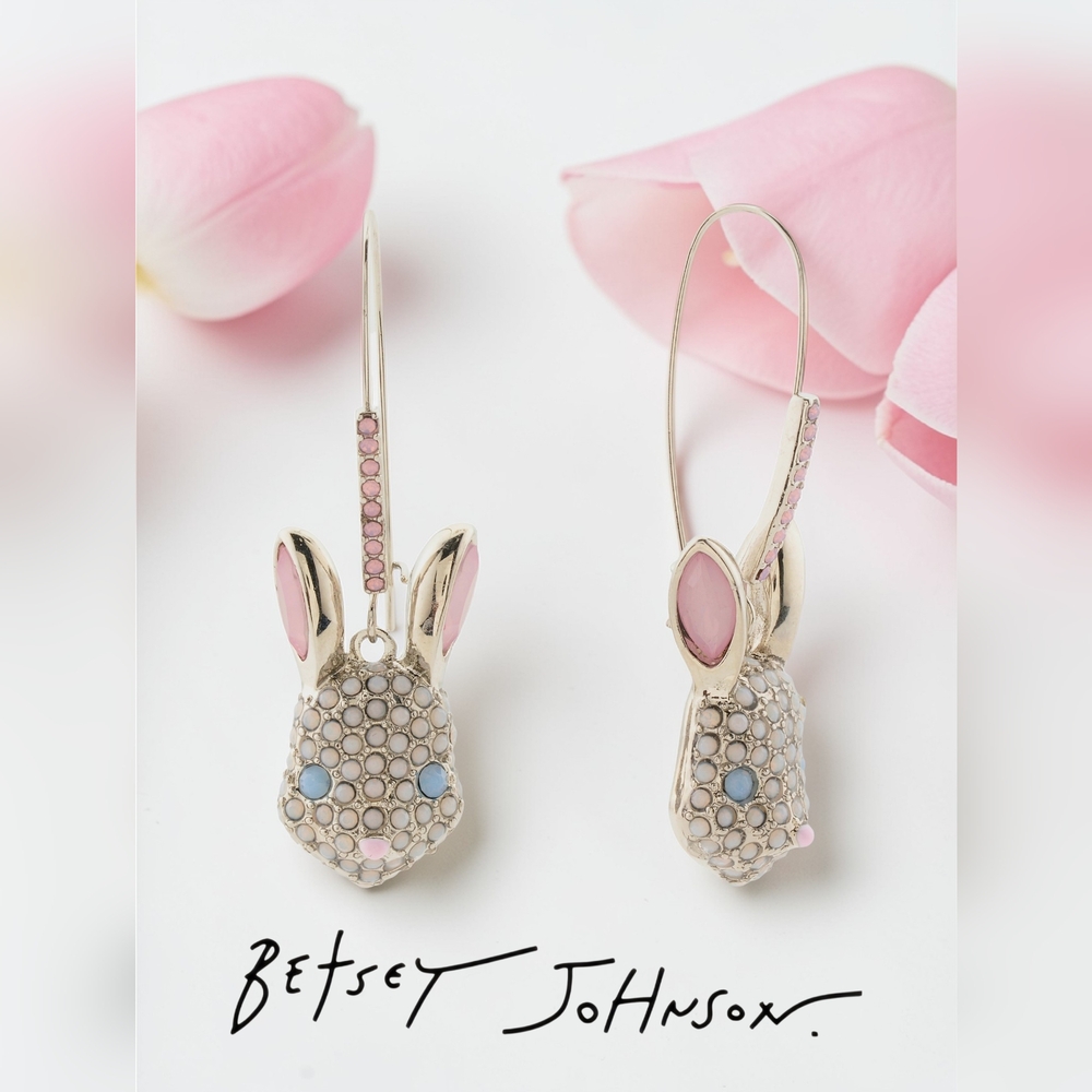 NEW Betsey Johnson Sparkle Faux Stone Bunny Shepherd Hook Earrings 2 Inches NWT
